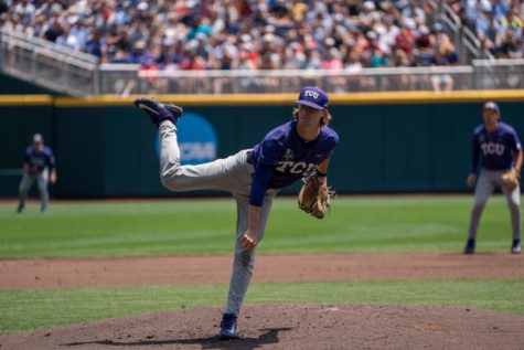 TCU starter Sam Stoutenborough picks up the win facing Virginia in the College World Series on June 18, 2023. (Photo courtesy of GoFrogs.com)