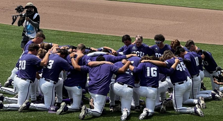 TCU baseball huddle up ahead of a 3-2 College World Series loss on June 21, 2023.