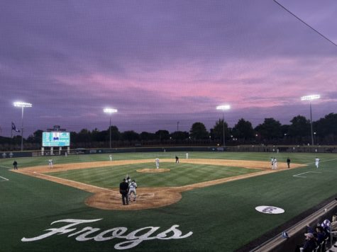 A purple sunset hovers over Lupton Baseball Stadium on April 7, 2023.