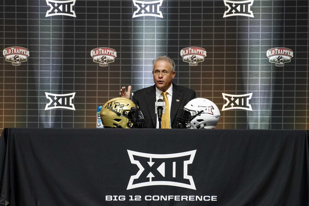 UCF head football coach Gus Malzahn answers questions from reporters at the NCAA college football Big 12 media days in Arlington, Texas, Thursday, July 13, 2023.(AP Photo/Emil T. Lippe)
