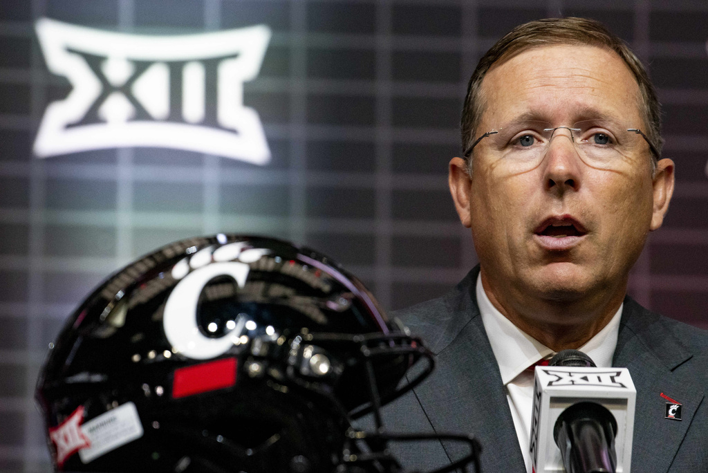 Cincinnati head football coach Scott Satterfield answers questions from reporters at the NCAA college football Big 12 media days in Arlington, Texas, Thursday, July 13, 2023.(AP Photo/Emil T. Lippe)
