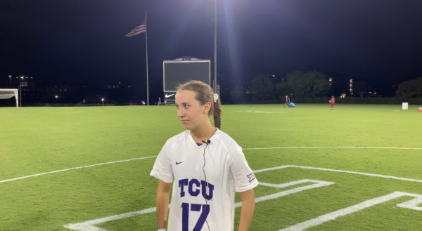 TCU midfielder Gracie Brian talking to media postgame, Thursday, August 17, 2023, Fort Worth, TX. (Photo/Lys Marquez)