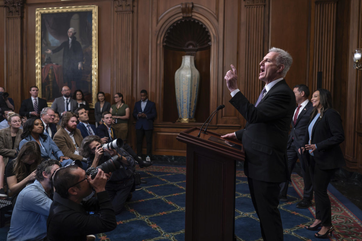 Speaker of the House Kevin McCarthy pauses as he addresses reporters about efforts to pass appropriations bills and avert a looming government shutdown. (AP Photo/J. Scott Applewhite)