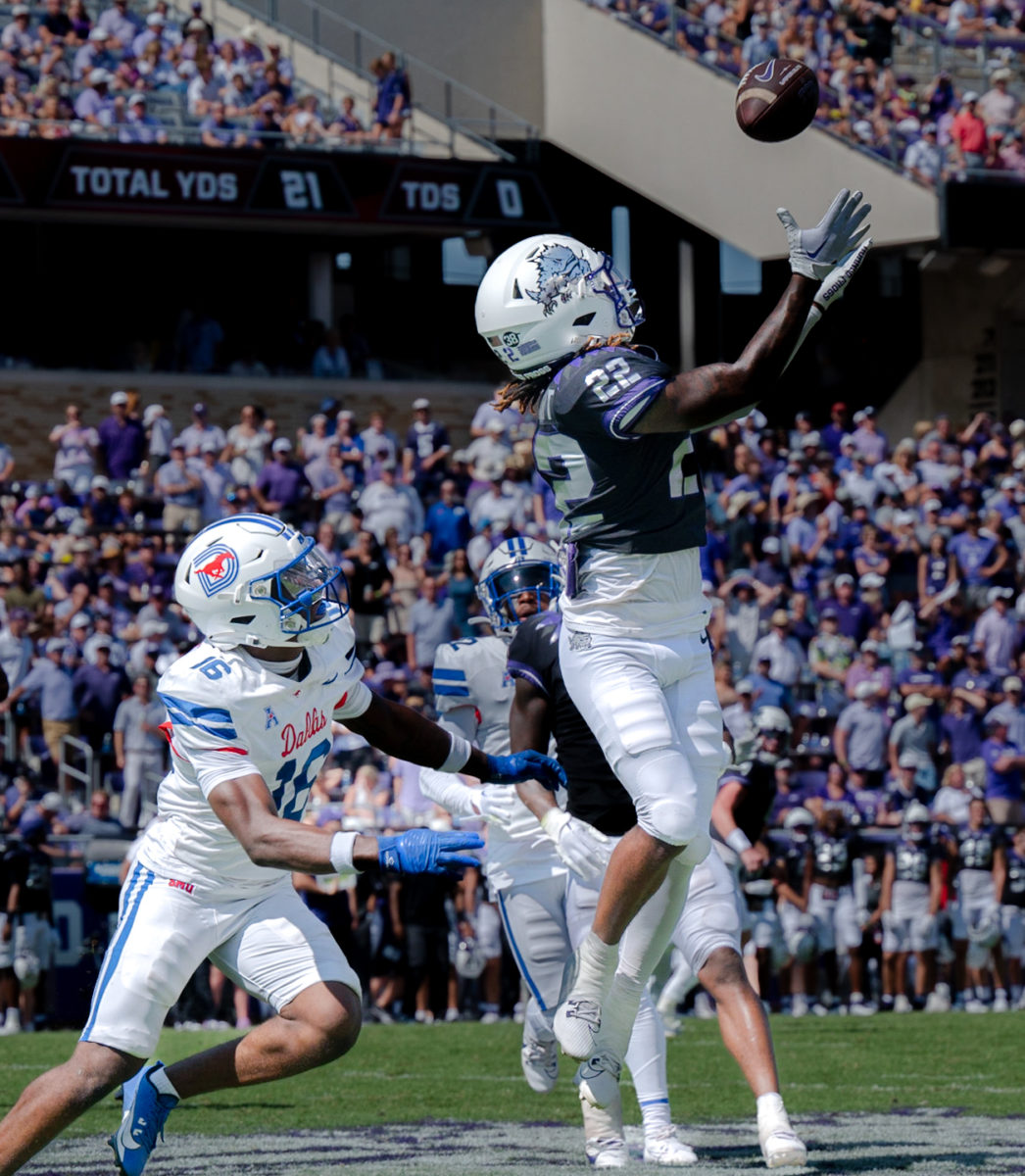 Texas Christian University wide-receiver Major Everhart receives a pass at Amon G. Carter Stadium in Fort Worth, Texas, Sept. 23, 2023.