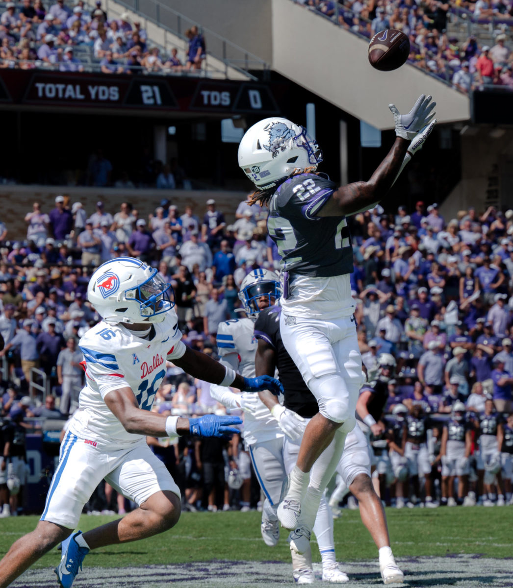 Texas Christian University wide receiver Major Everhart receives a pass at Amon G. Carter Stadium in Fort Worth, Texas, Sept. 23, 2023. The TCU Horned Frogs beat the SMU Mustangs 34-17. (TCU 360/Shane Manson)