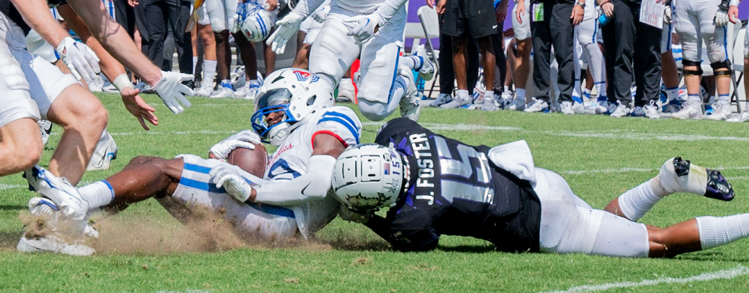 Texas Christian University safety Josh Foster makes a tackle at Amon G. Carter Stadium in Fort Worth, Texas, Sept. 23, 2023. The TCU Horned Frogs beat the SMU Mustangs 34-17. (TCU 360/Shane Manson)