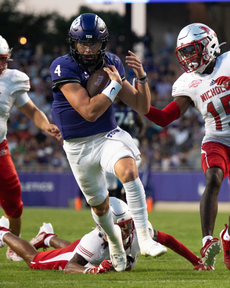 TCU quarterback Chandler Morris improvises a running play at Amon G. Carter Stadium in Fort Worth, Texas, Sept. 9, 2023. The TCU Horned Frogs beat the Nicholls State Colonels 41-6. (TCU 360 Shane Manson).