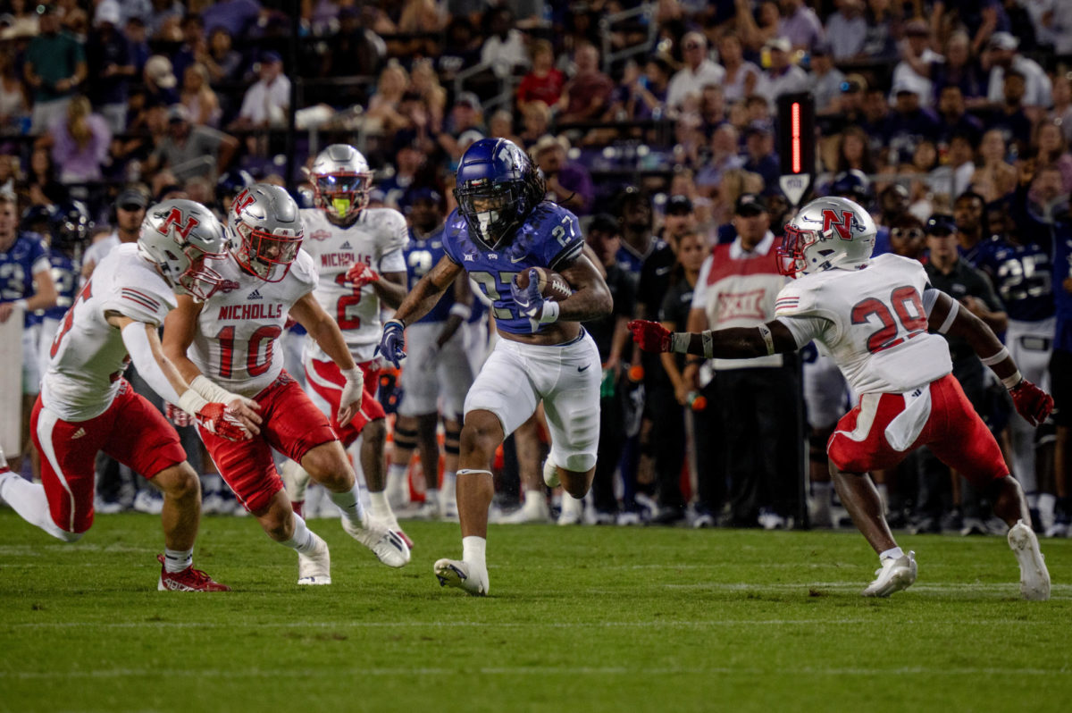 Texas Christian University wide receiver Jordyn Bailey advances the ball at Amon G. Carter Stadium in Fort Worth, Texas, Sept. 9, 2023. The TCU Horned Frogs beat the Nicholls State Colonels 41-6. (TCU 360/ Shane Manson)