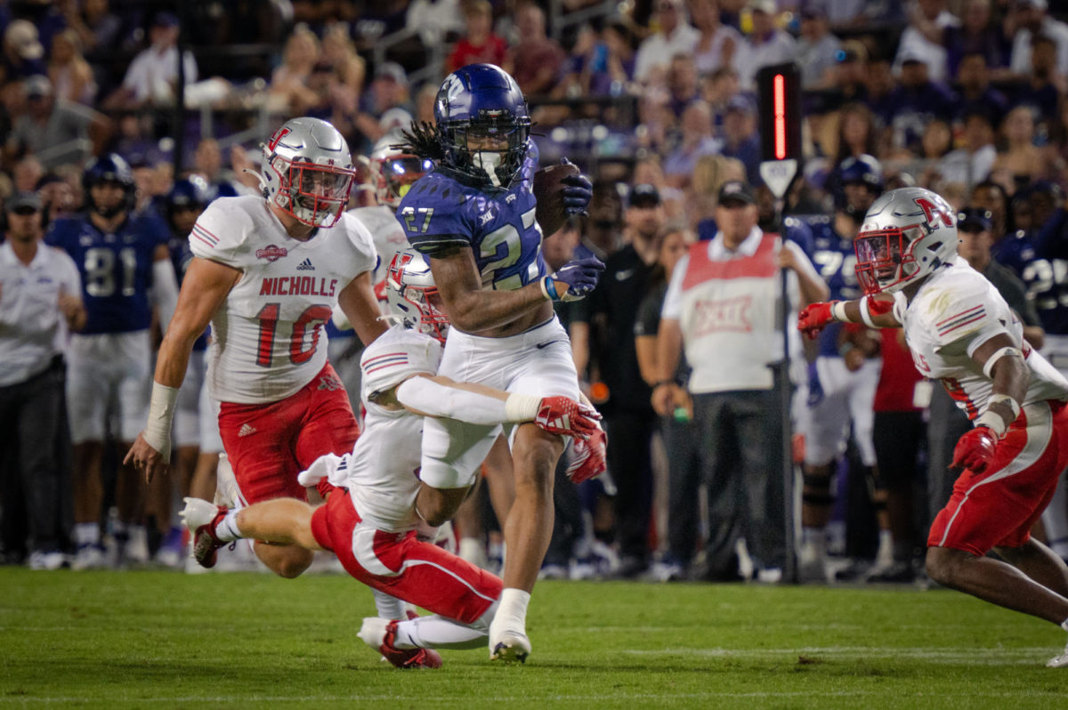 Texas Christian University wide receiver Jordyn Bailey attempts to evade a defender at Amon G. Carter Stadium in Fort Worth, Texas, Sept. 9, 2023. The TCU Horned Frogs beat the Nicholls State Colonels 41-6. (TCU 360 Shane Manson)