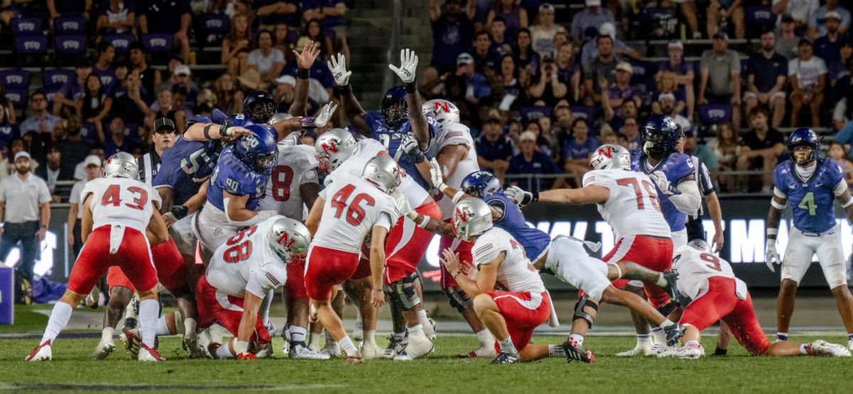 The Texas Christian University Horned Frog Football Team attempts to block a field goal try at Amon G. Carter Stadium in Fort Worth, Texas, Sept. 9, 2023. The TCU Horned Frogs beat the Nicholls State Colonels 41-6. (TCU 360/ Shane Manson)