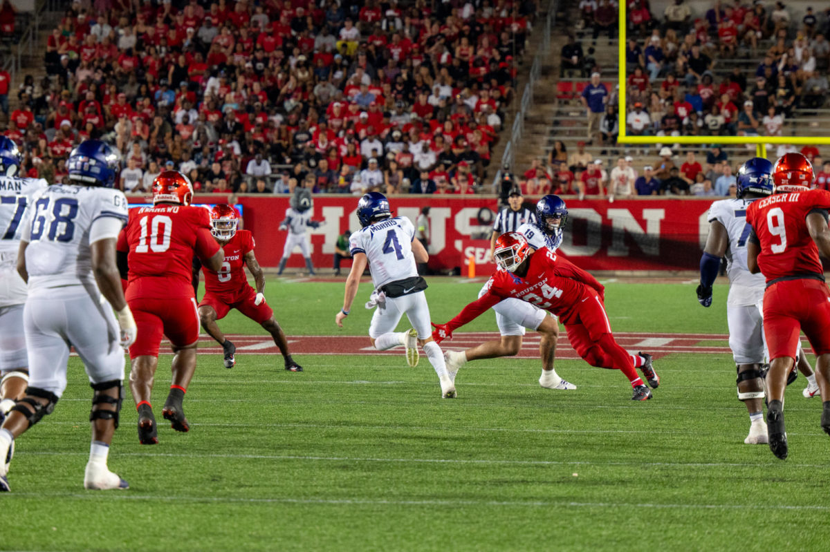 Texas Christian University quarterback Chandler Morris scrambles against the Houston Cougars  at TDECU Stadium in Houston, Texas, Sept. 16, 2023. The TCU Horned Frogs beat the Houston Cougars 36-13. (TCU 360/ Lance Sanders)