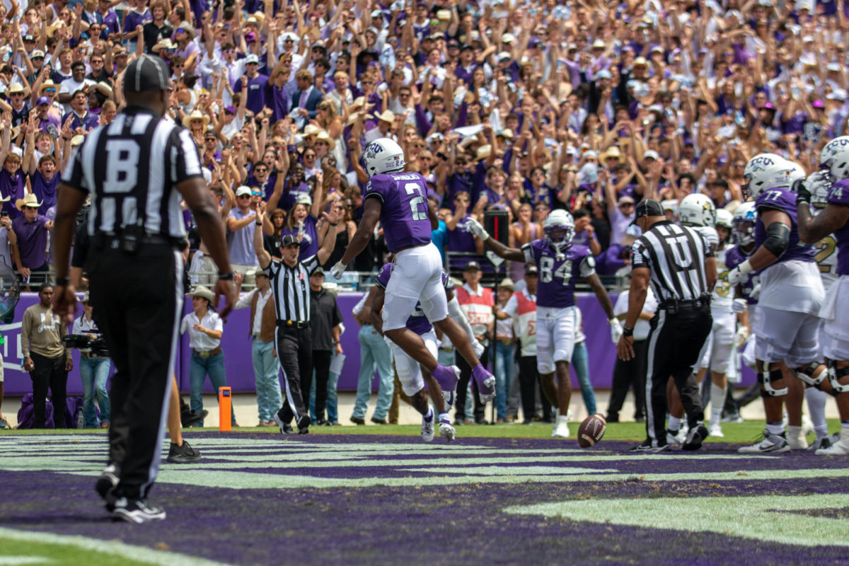TCU+running+back+Trey+Sanders%2C+who+transferred+from+Alabama%2C+scored+three+touchdowns+in+TCUs+45-42+loss+to+Deion+Sanders+Colorado+Buffaloes+in+the+season+opener.+%28Lance+Sanders%2FTCU360%29.