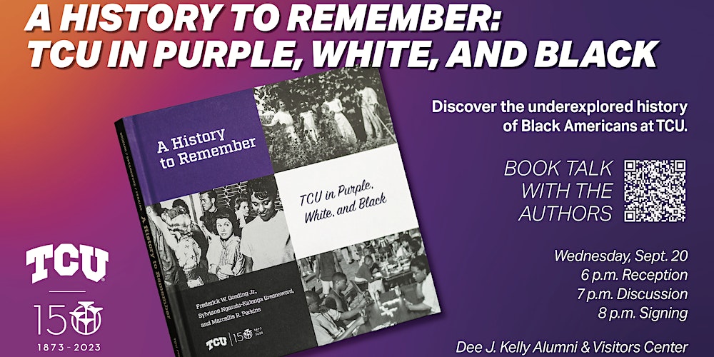 The flyer for the book talk and celebration taking place this Wednesday. (150.tcu.edu)
