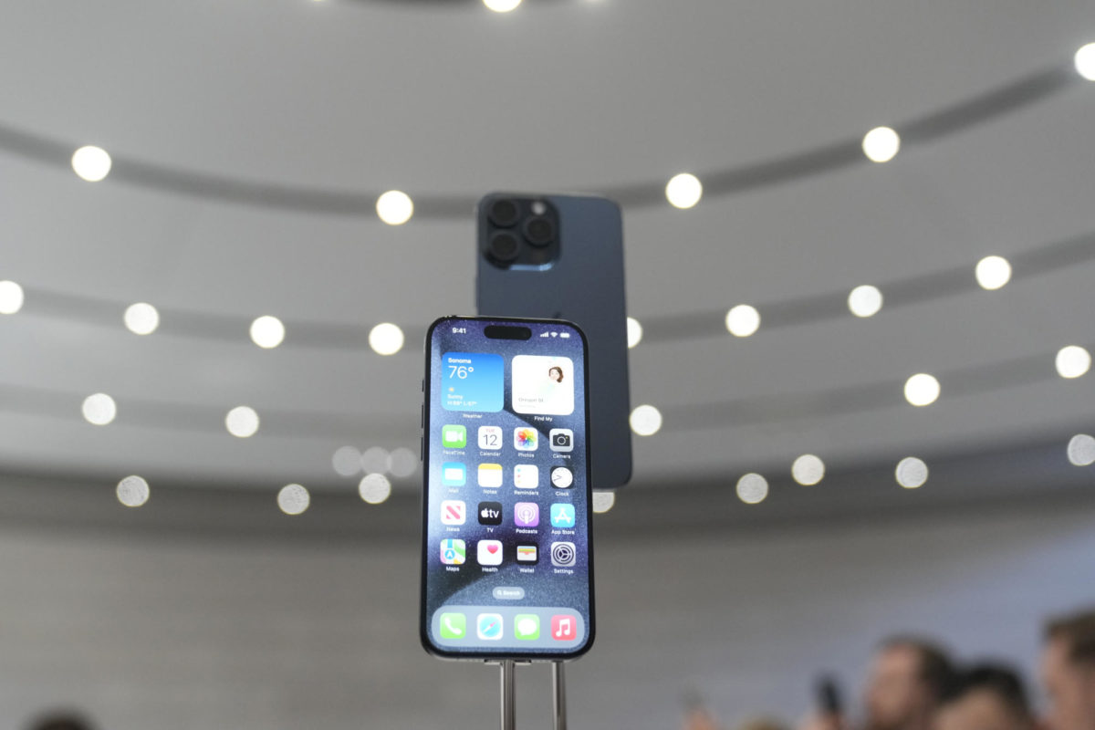 The iPhone 15 Pro is displayed during an announcement of new products on the Apple campus, Tuesday in Cupertino, Calif. (AP Photo/Jeff Chiu)