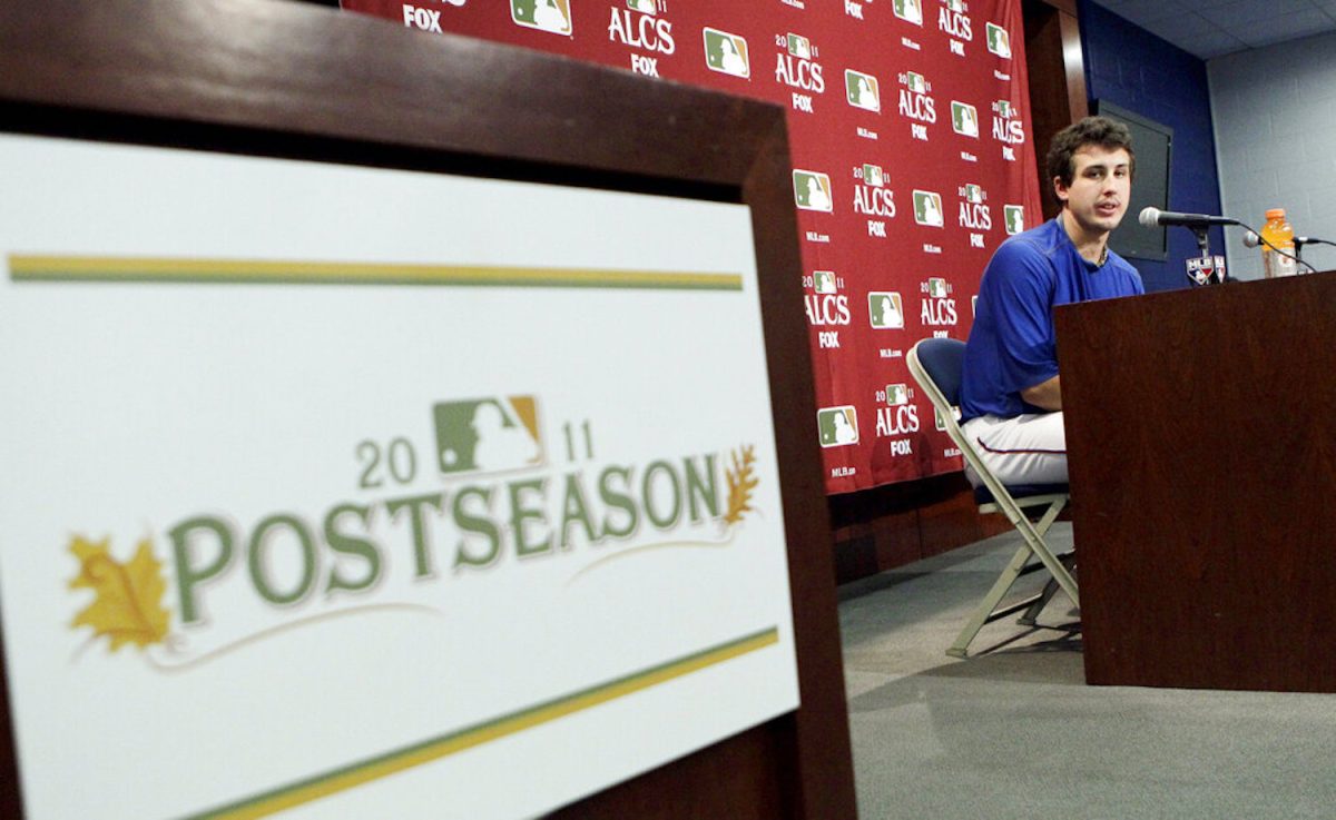 Texas Rangers starting pitcher Derek Holland during a news conference before the 2011 American League championship series, the last one the Rangers appeared in. (AP Photo/Tony Gutierrez)