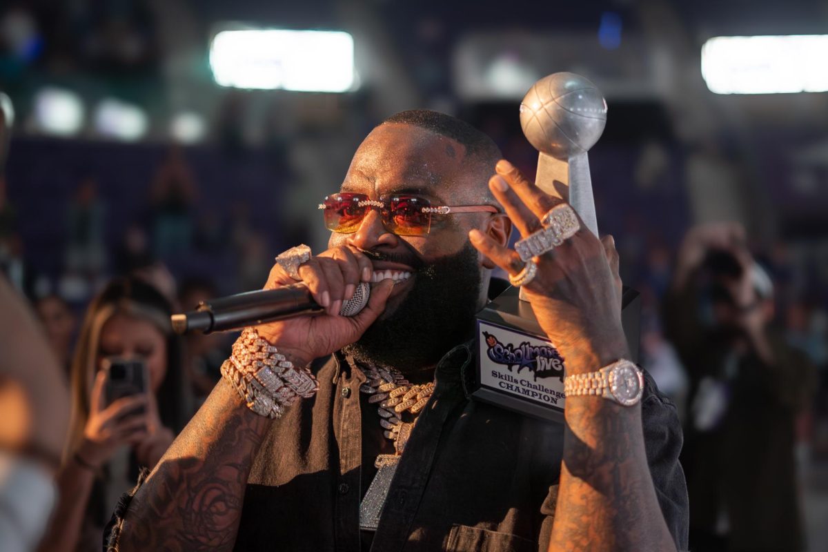 Rick Ross performs at “Schollmaier Live,” an event to celebrate the beginning of the basketball season at TCU, Oct. 27, 2023. The TCU basketball team is slated to kick off its season against Southern University, November 6, at Schollmaier Arena. (TCU 360/ Shane Manson)