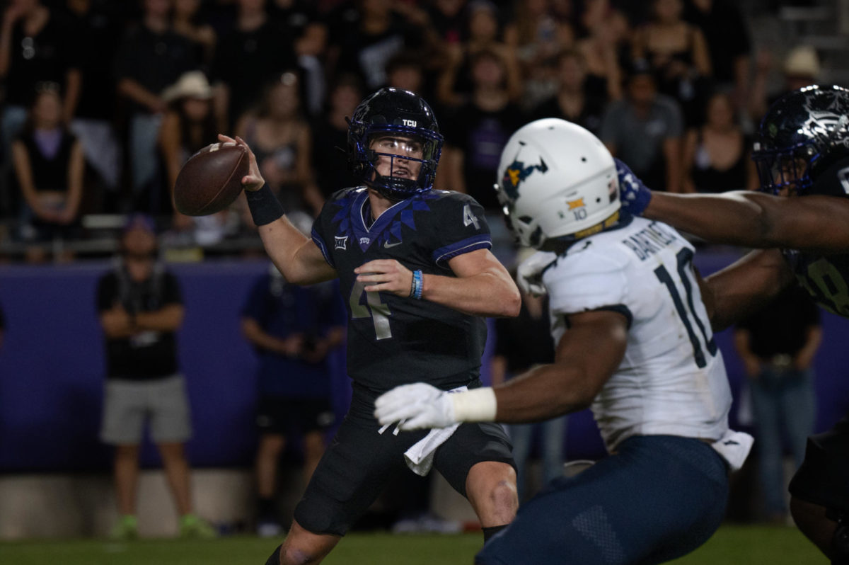 Texas Christian University quarterback Chandler Morris passes the ball at Amon G. Carter Stadium in Fort Worth, Texas, Sept. 30, 2023. The TCU Horned Frogs were defeated by the West Virginia Mountaineers 24-21. 