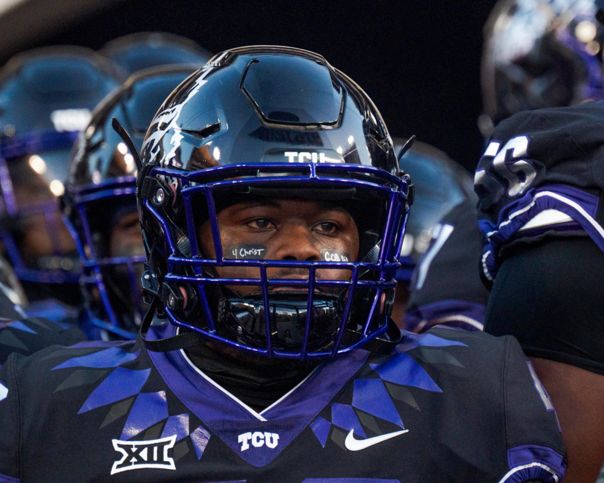 Texas Christian University safety Daveion Crawford takes the field at Amon G. Carter Stadium in Fort Worth, Texas, Sept. 30, 2023. The TCU Horned Frogs were defeated by the West Virginia Mountaineers 24-21. (TCU 360/ Shane Manson)
