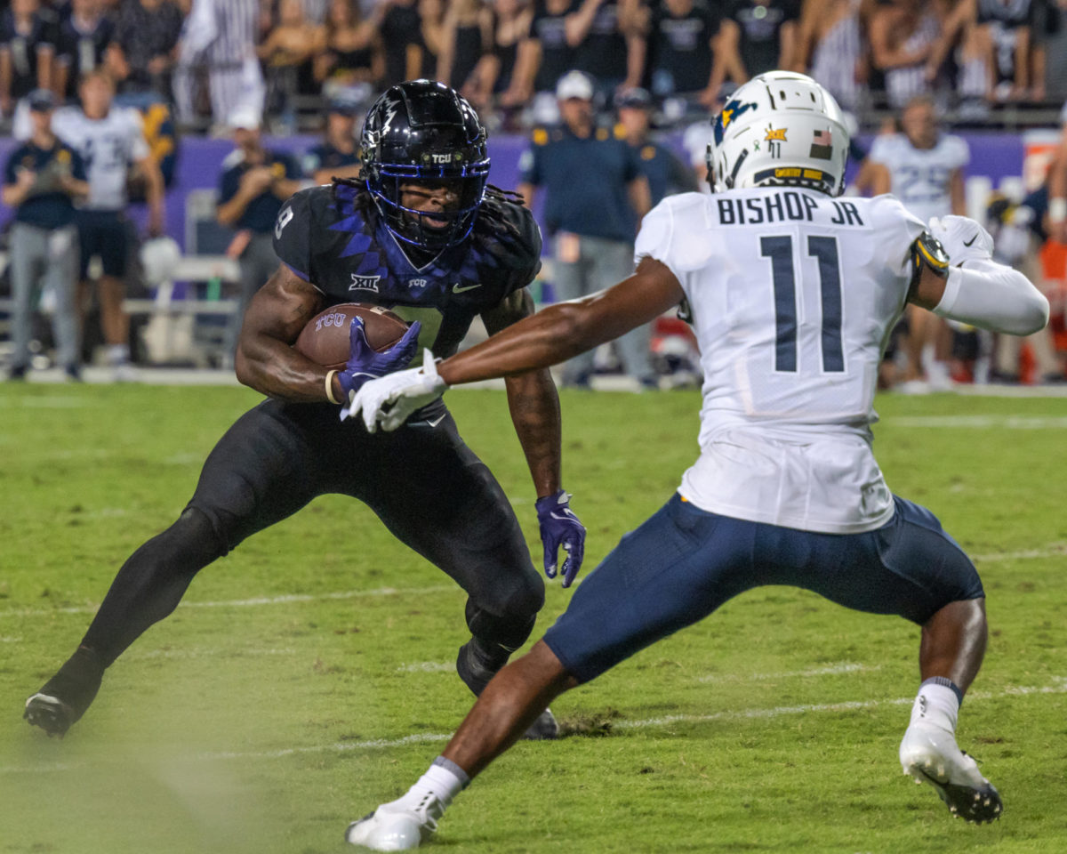 Texas Christian University running back Emani Bailey advances the ball at Amon G. Carter Stadium in Fort Worth, Texas, Sept. 30, 2023. The TCU Horned Frogs were defeated by the West Virginia Mountaineers 24-21. (TCU 360/ Shane Manson)
