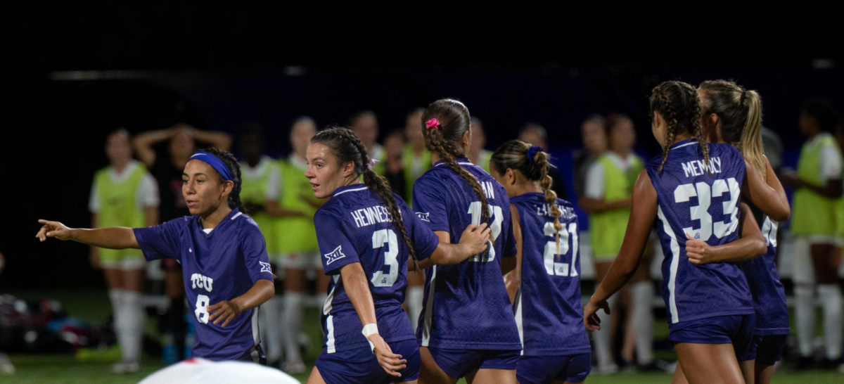 The Texas Christian University Soccer Team celebrates a goal at the Garvey-Rosenthal Soccer Stadium in Fort Worth, Texas, Oct. 12, 2023. The TCU Horned Frogs tied the Houston Cougars 2-2. (TCU 360/ Shane Manson)