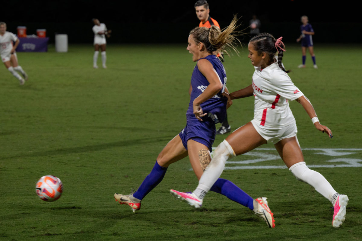Texas Christian University defender Olivia Hassler fights for the ball at the Garvey-Rosenthal Soccer Stadium in Fort Worth, Texas, Oct. 12, 2023. The TCU Horned Frogs tied the Houston Cougars 2-2. (TCU 360/ Shane Manson)