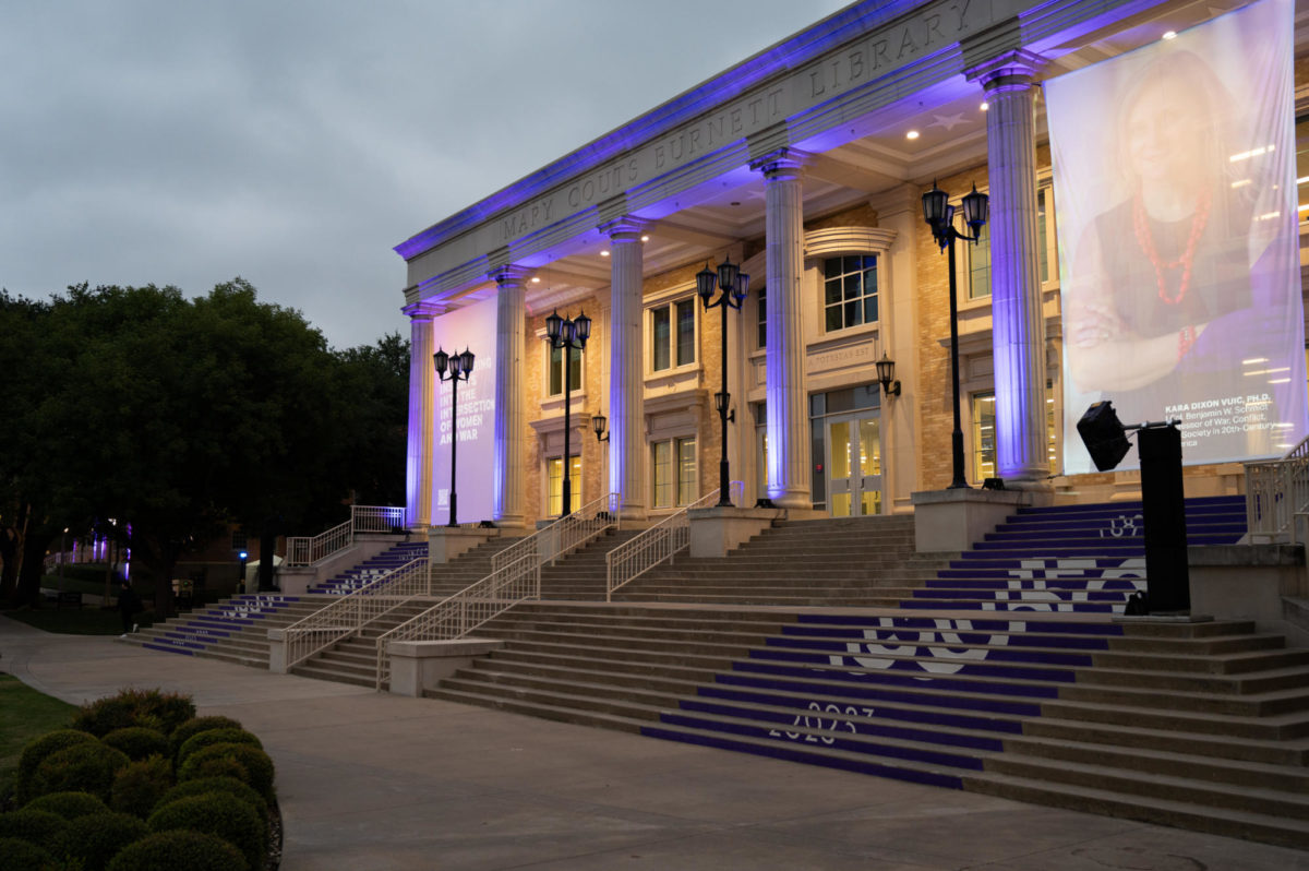 Mary Couts Burnett Library lights up purple for TCUs 150th anniversary.