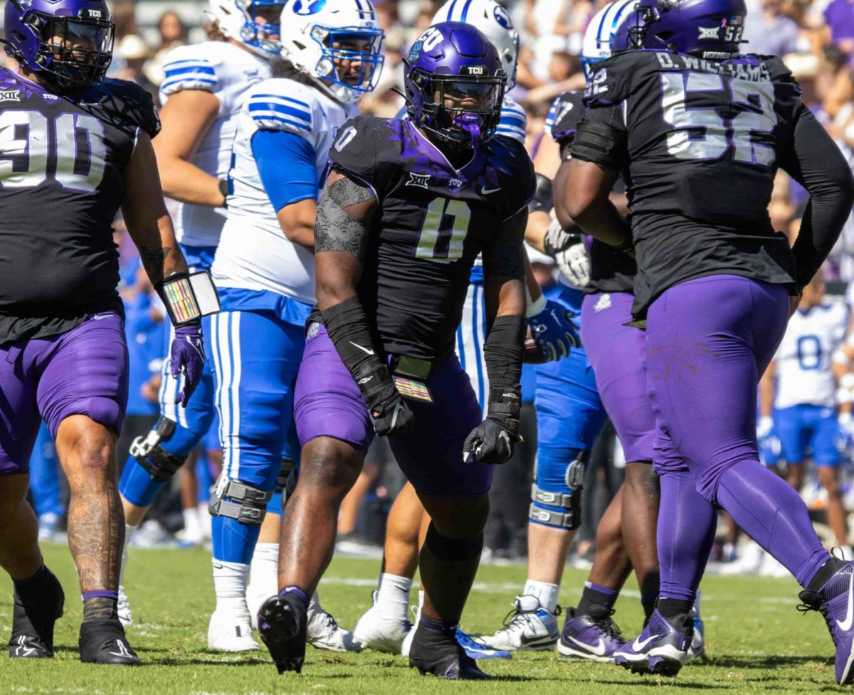 Texas Christian University linebacker Shad Banks Jr. celebrates a tackle at Amon G. Carter Stadium in Fort Worth, Texas, on October 14th, 2023. The TCU Horned Frogs defeated the BYU Cougars 44-11. (TCU360/ Tyler Chan)