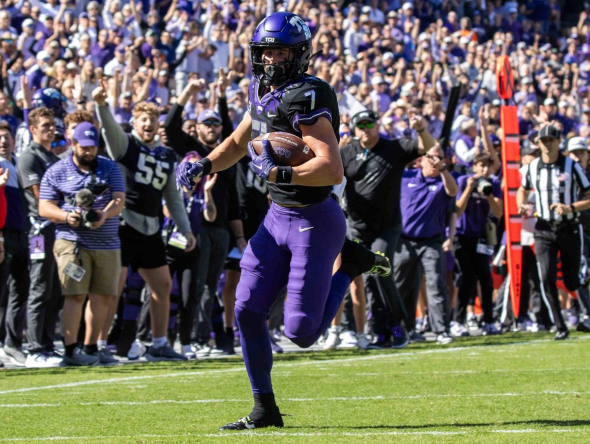 Texas Christian Wide Receiver JP Richardson runs towards the end zone at Amon G. Carter Stadium in Fort Worth, Texas on October 14th, 2023. The TCU Horned Frogs defeated the BYU Cougars 44-11.