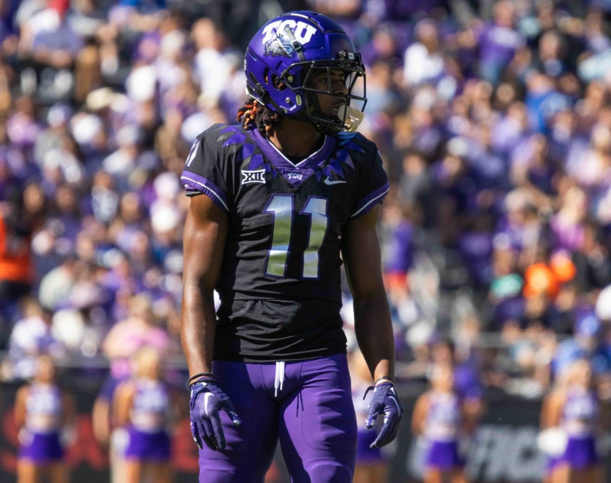 Texas Christian University wide receiver JoJo Earle lines up at the line of scrimmage at Amon G. Carter Stadium in Fort Worth, Texas on October 14th, 2023. The TCU Horned Frogs beat the BYU Cougars 44-11. (TCU360/ Tyler Chan)