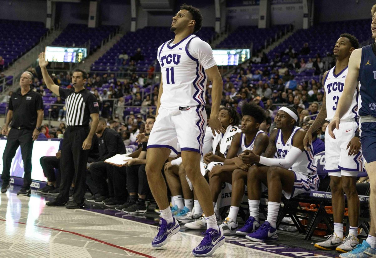 Texas Christian University guard Trevian Tennyson watches his shot at Schollmaier Arena in Fort Worth, Texas on October 30th, 2023. The TCU Horned Frogs would beat the Texas Wesleyan Rams 98-61 in an exhibition game. (TCU360/ Tyler Chan)