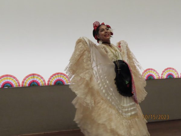 Claudia Tiffany Rodriguez, a ballet folklorico dancer, performs at the SACNAS Latinx Heritage Showcase. (Abby McCutchan/Staff Writer)