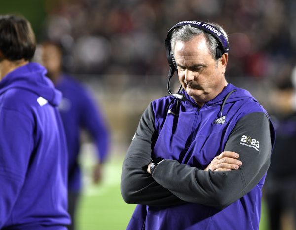 TCU coach Sonny Dykes reacts during the teams NCAA college football game against Texas Tech on Thursday, Nov. 2, 2023, in Lubbock, Texas. (Annie Rice/Lubbock Avalanche-Journal via AP)