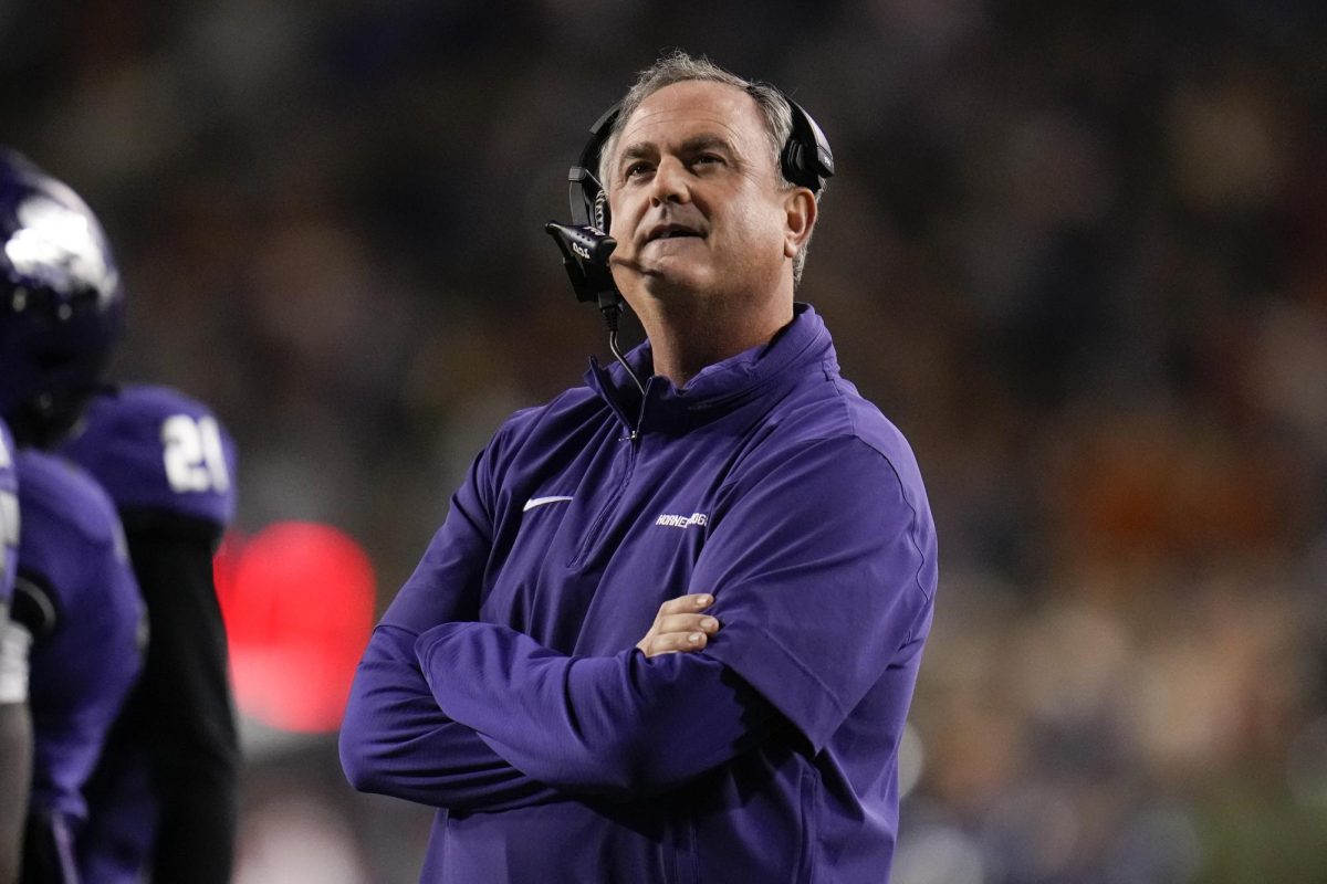 TCU head coach Sonny Dykes looks on during the first half against Texas, Saturday, Nov. 11, 2023, in Fort Worth, Texas. (AP Photo/Julio Cortez)