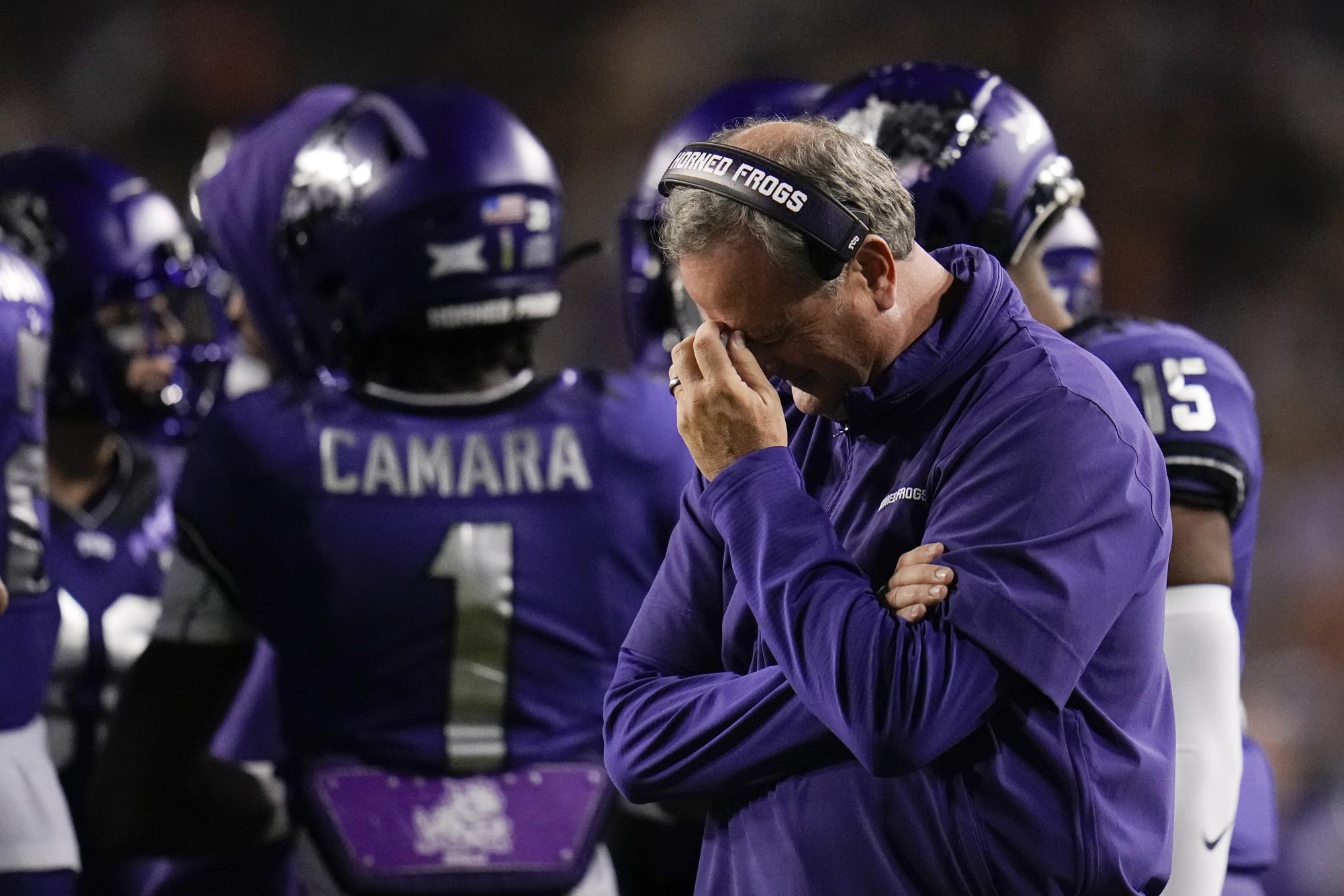 TCU head coach Sonny Dykes reacts during the first half of the Frogs game against Texas, Saturday, Nov. 11, 2023, in Fort Worth, Texas. (AP Photo/Julio Cortez)