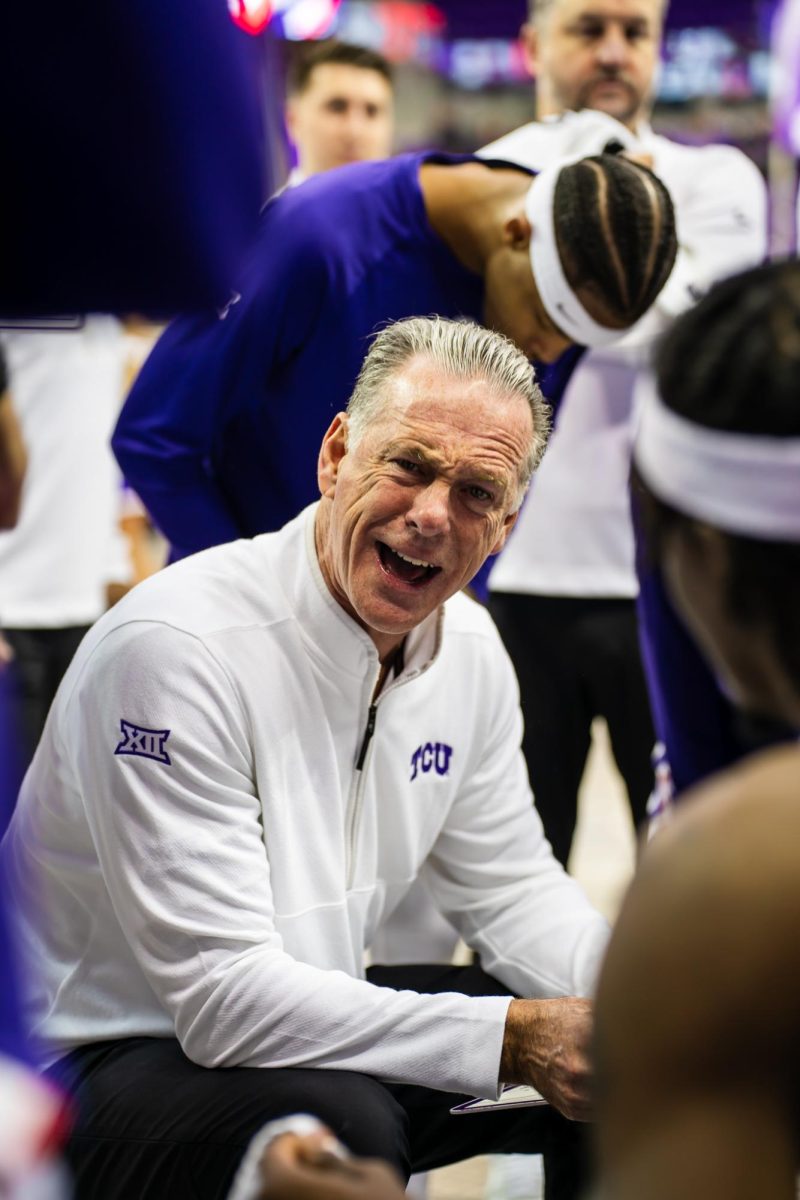 TCU coach Jamie Dixon hypes up his team before the game at Ed and Rae Schollmaier Arena in Fort Worth, Texas on November 14th, 2023. The TCU Horned Frogs beat the UTRGV Vaqueros 88-55. (TCU360/ Caden Polansky)