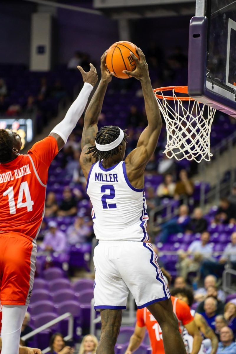 Emanuel Miller goes up high to recover the missed shot at Ed and Rae Schollmaier Arena in Fort Worth, Texas on November 14th, 2023. The TCU Horned Frogs beat the UTRGV Vaqueros 88-55. (TCU360/ Caden Polansky)
