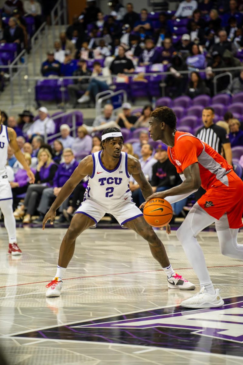 Emanuel Miller presses full court to try and slow down their play at Ed and Rae Schollmaier Arena in Fort Worth, Texas on November 14th, 2023. The TCU Horned Frogs beat the UTRGV Vaqueros 88-55. (TCU360/ Caden Polansky)
