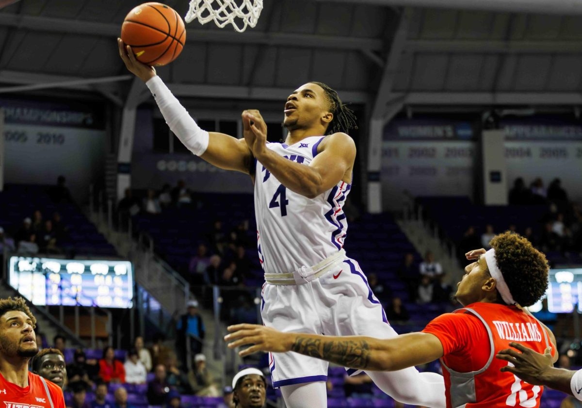 TCU guard Jameer Nelson Jr. goes up for the shot at Ed and Rae Schollmaier Arena in Fort Worth, Texas on November 14th, 2023. The TCU Horned Frogs beat the UTRGV Vaqueros 88-55. (TCU360/Tyler Chan)