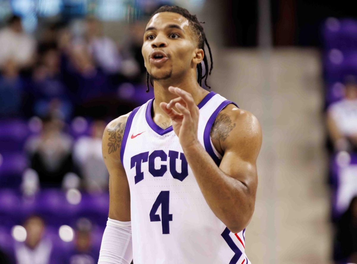 TCU guard Jameer Nelson Jr. communicates with his teammates at Ed and Rae Schollmaier Arena in Fort Worth, Texas on November 14th, 2023. The TCU Horned Frogs beat the UTRGV Vaqueros 88-55. (TCU360/Tyler Chan)