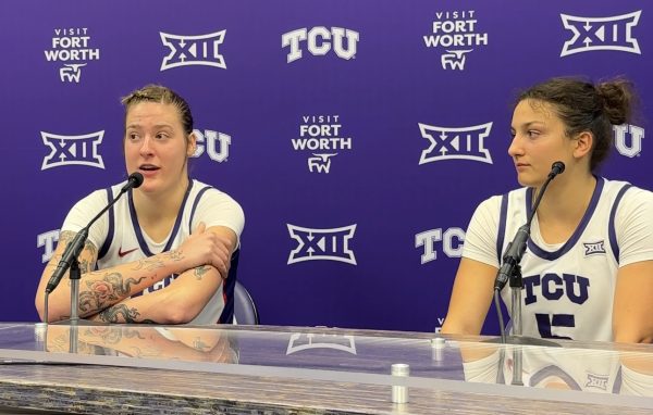 Sedona Prince and Una Jovanovic speaking with the media postgame versus the Incarnate Word Cardinals, Wednesday Nov. 15, 2023, Fort Worth, TX. (Photo/Lys Marquez)
