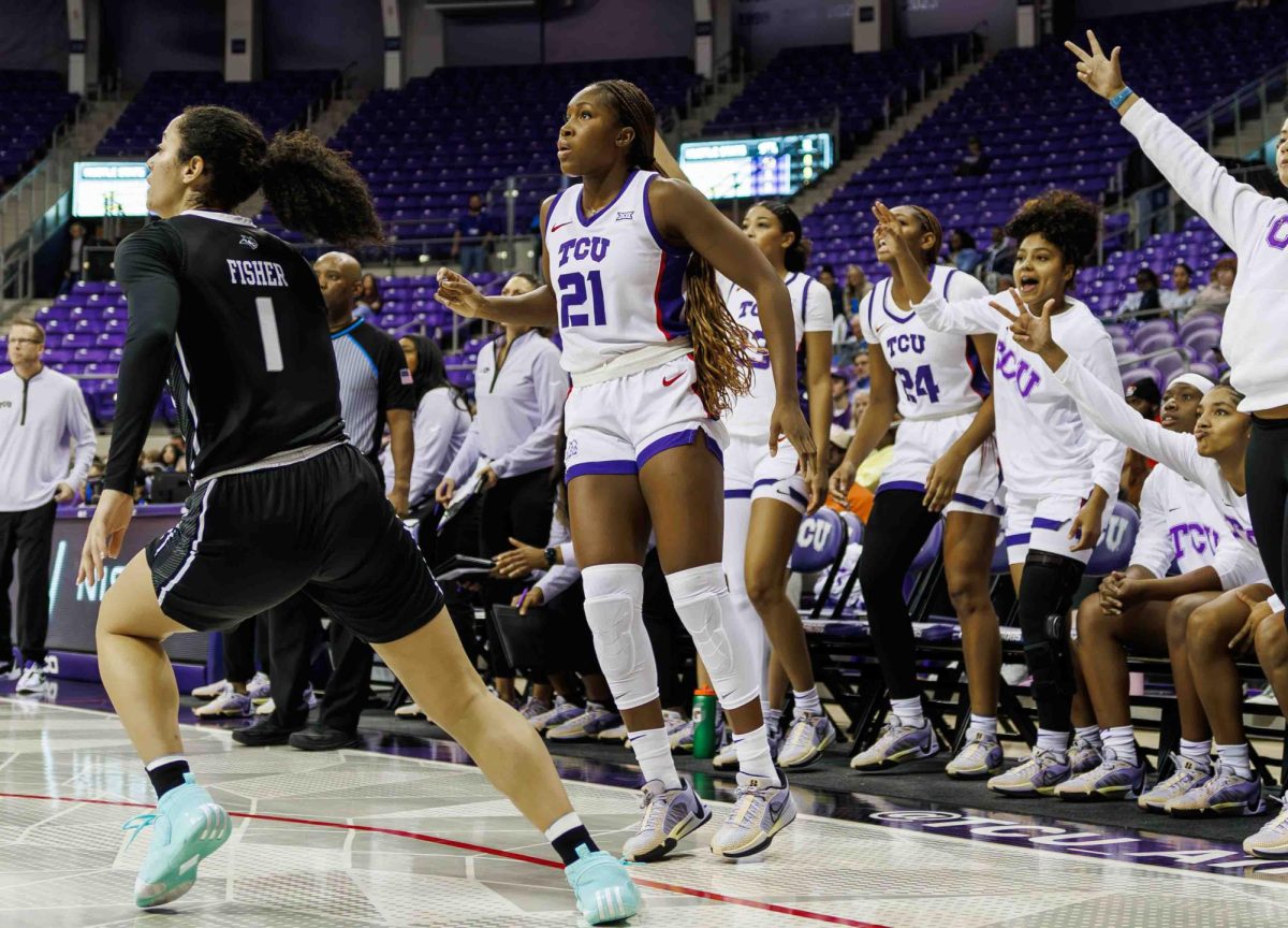 TCU guard Agnes Emma-Nnopu watches her shot at Ed and Rae Schollmaier Arena in Fort Worth, Texas on November 12th, 2023. The TCU Horned Frogs beat the Rice Owls 67-42. (TCU360/Tyler Chan)