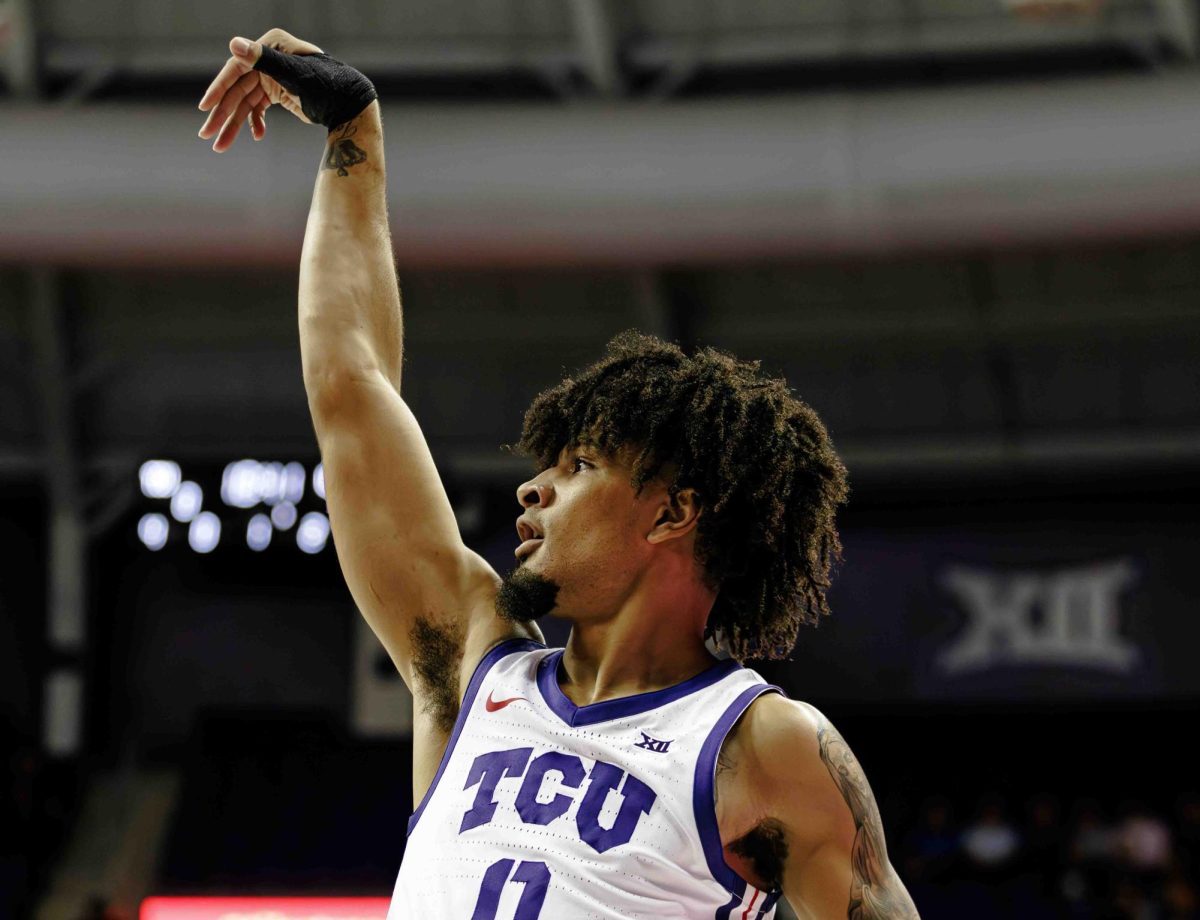 TCU guard watches his three point shot at Ed and Rae Schollmaier Arena in Fort Worth, Texas on November 14th, 2023. The TCU Horned Frogs beat the UTRGV Vaqueros 88-55. (TCU360/Tyler Chan)