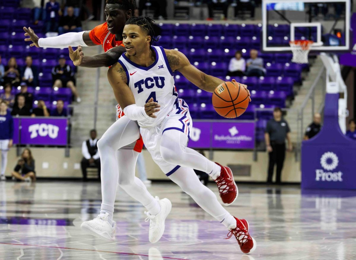 TCU guard Jameer Nelson Jr. drives to the basket at Ed and Rae Schollmaier Arena in Fort Worth, Texas on November 14th, 2023. The TCU Horned Frogs beat the UTRGV Vaqueros 88-55. (TCU360/Tyler Chan)