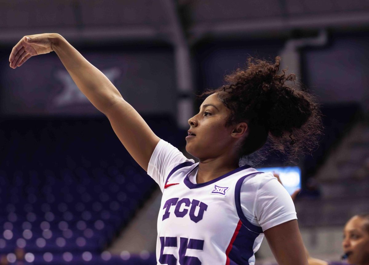 TCU guard Victoria Flores watches her shot at Ed and Rae Schollmaier Arena in Fort Worth, Texas on December 10th, 2023. The TCU Horned Frogs beat the PVAMU Panthers  86-41. (TCU360/ Tyler Chan)