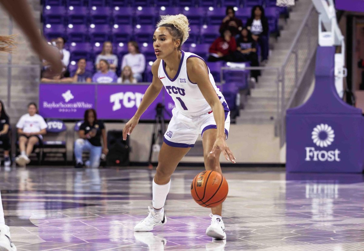 TCU guard Jaden Owens dribbles the ball at Ed and Rae Schollmaier Arena in Fort Worth, Texas on December 10th, 2023. The TCU Horned Frogs beat the PVAMU Panthers  86-41. (TCU360/ Tyler Chan)