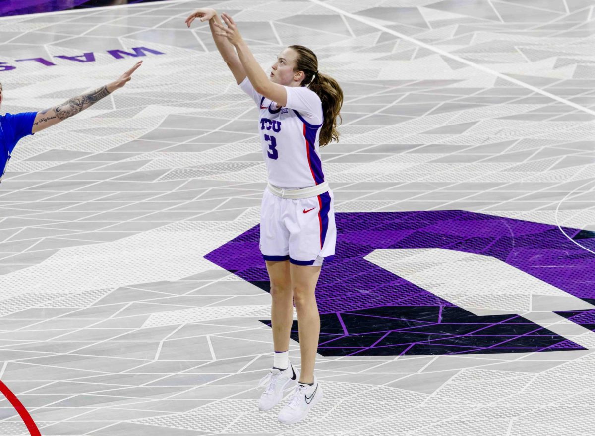 TCU guard Madison Conner shoots a three pointer at Ed and Rae Schollmaier Arena in Fort Worth, Texas on December 1st, 2023. The TCU Horned Frogs beat the Tulsa Golden Hurricane 82-50. (TCU360/ Tyler Chan)