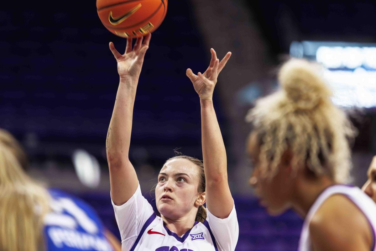 TCU guard Madison Conner shoots a free throw at Ed and Rae Schollmaier Arena in Fort Worth, Texas on December 1st, 2023. The TCU Horned Frogs beat the Tulsa Golden Hurricane 82-50. (TCU360/ Tyler Chan)