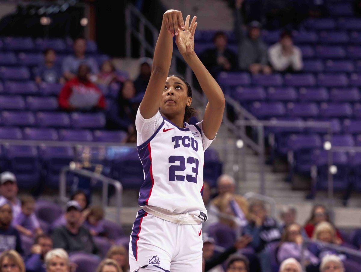 TCU forward Aaliyah Roberson shoots the ball at Ed and Rae Schollmaier Arena in Fort Worth, Texas on December 10th, 2023. The TCU Horned Frogs beat the PVAMU Panthers  86-41. (TCU360/ Tyler Chan)