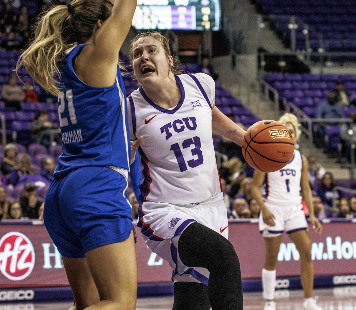 TCU center Sedona Prince drives to the basket at Ed and Rae Schollmaier Arena in Fort Worth, Texas on December 1st, 2023. The TCU Horned Frogs beat the Tulsa Golden Hurricane 82-50. (TCU360/ Tyler Chan)