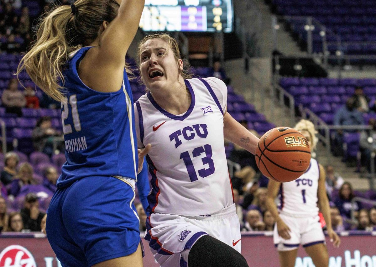 TCU center Sedona Prince drives to the basket at Ed and Rae Schollmaier Arena in Fort Worth, Texas on December 1st, 2023. The TCU Horned Frogs beat the Tulsa Golden Hurricane 82-50. (TCU360/ Tyler Chan)